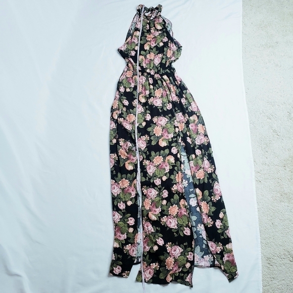 AEO American Eagle Floral Halter Maxi Dress Open Back Black - Picture 7 of 10
